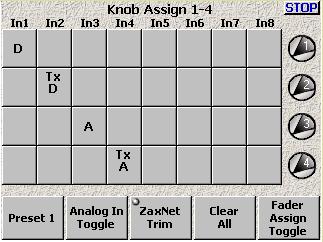 Zaxcom Deva User s Manual Chapter 3 (Knob / Touch) Fader Assign page Page purpose: This page allows you to assign any of the 8 analog and 8 digital inputs to any or