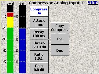 Zaxcom Deva User s Manual Chapter 3 Analog Input (#) Dynamics page Page purpose: Requires EFFECTS PACKAGE This page maintains the compressor for each analog input channel.