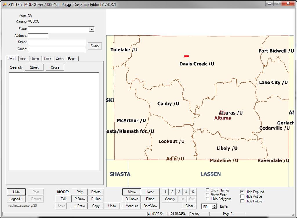 If you have mapping in the county you are going to edit it will be displayed on the map as a red area. The tools on the left hand side of the page are used to navigate the map.
