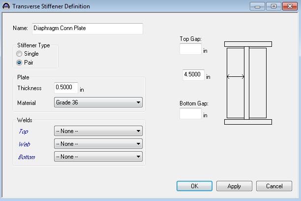 Define stiffeners to be used by the beams. Expand the Stiffener Definitions tree item and double click on Transverse.