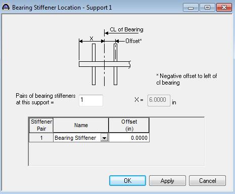 Bearing stiffener definitions were assigned to locations when we used the Apply at Diaphragms button on the Transverse Stiffener Ranges window.