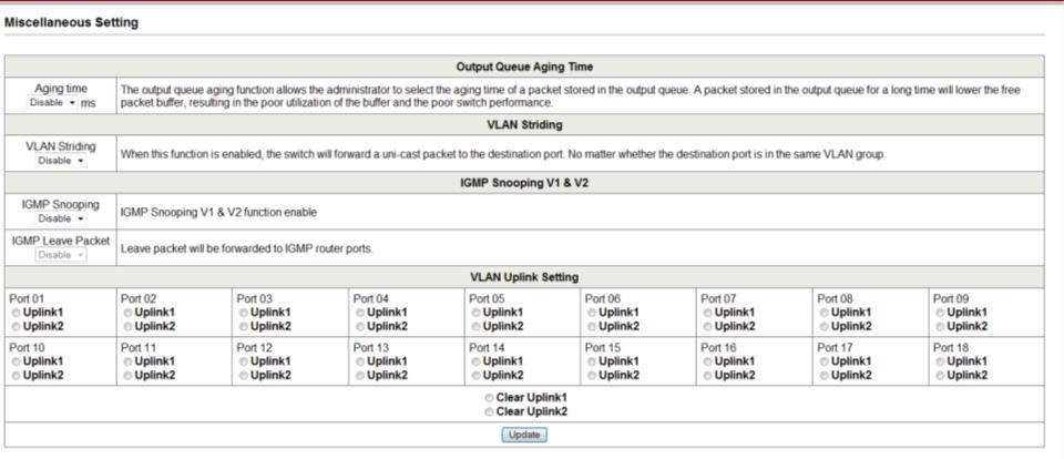Miscellaneous Setting Page Path: Miscellaneous The Miscellaneous Setting page lets you configure the following settings: Output queuing aging time VLAN striding IGMP snooping versions 1 and 2 VLAN