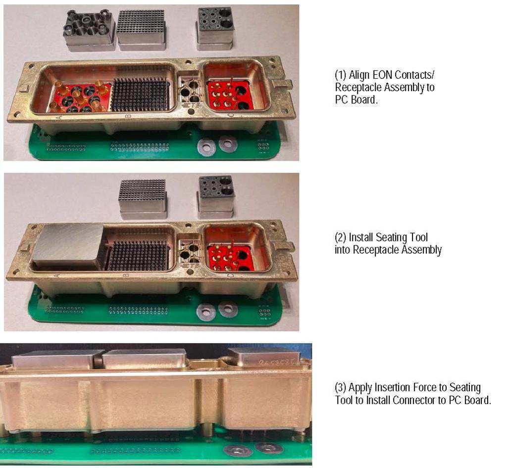(1) Align EON Contacts/ Receptacle Assembly to PC Board (2) Install Seating Tool into Receptacle Assembly (3) Apply Insertion Force to Seating Tool to Install Connector to PC Board Figure 4 4.