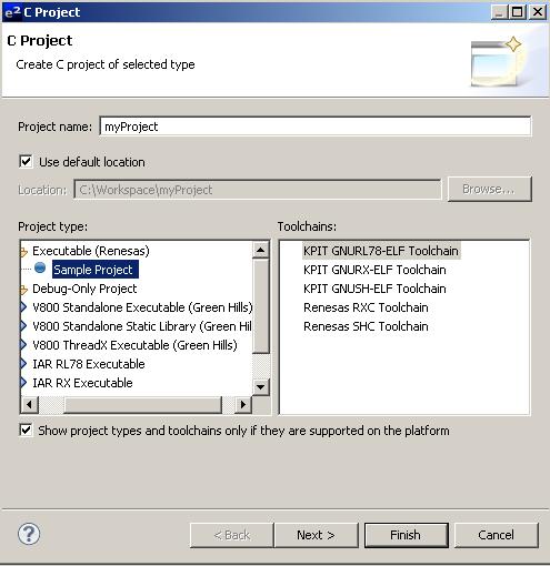 Project name: myproject Project type: Executable (Renesas) -> Sample