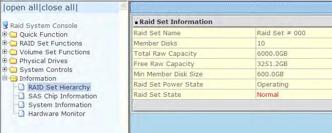 Select the RAID Set Hierarchy link from the Information menu to display the Raid Set Hierarchy screen.