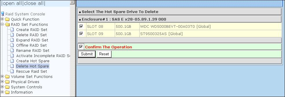 5.2.8 Delete Hot Spare Select the target Hot Spare disk(s) to delete by clicking on the appropriate check box.