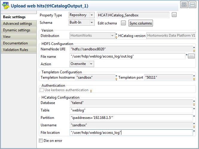 Translating the scenario into Jobs 5. Double-click the thcatalogoutput component to open its Basic settings view. 6.