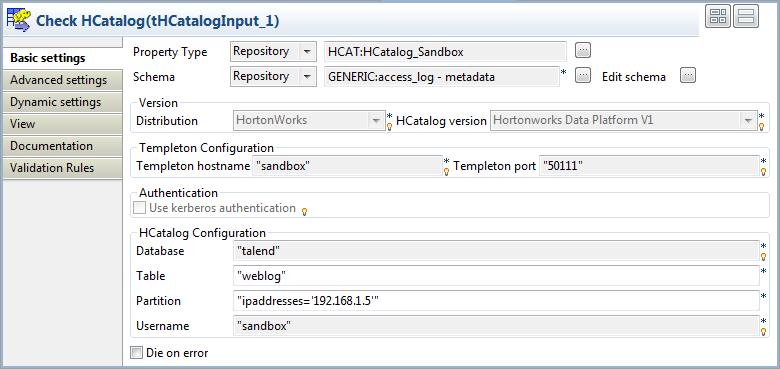 Translating the scenario into Jobs NameNode URI: hdfs://sandbox:8020 Templeton host name: sandbox Templeton port: 50111 Database: talend User name: sandbox 7. Click the [.