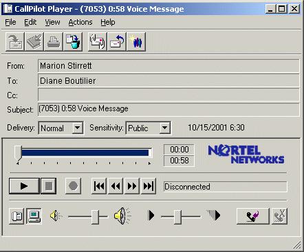 Playing voice messages When you open a voice-only message, the CallPilot Player appears. In mixed voice and fax or text messages, click the Voice icon to open the CallPilot Player.