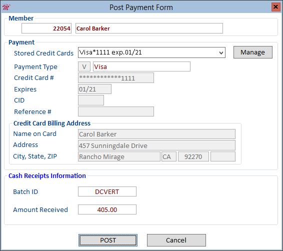 Clicking the Pay button opens the new Post Payment Form, where staff can select a stored credit card or enter new credit card info for the payment. Note that the form only includes active (i.e., nonexpired) cards.