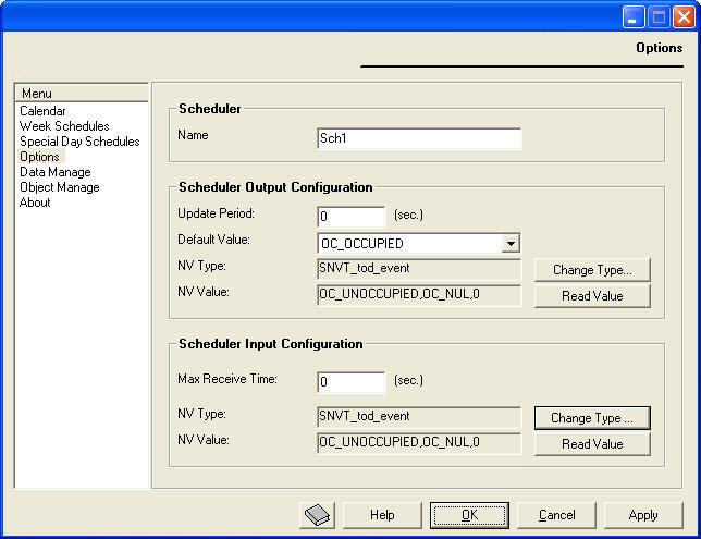 Scheduler Configuration Tool Figure 4-6: Options window (GPI) Each schedule object has a dedicated NVO for it to transmit its contents over the network.