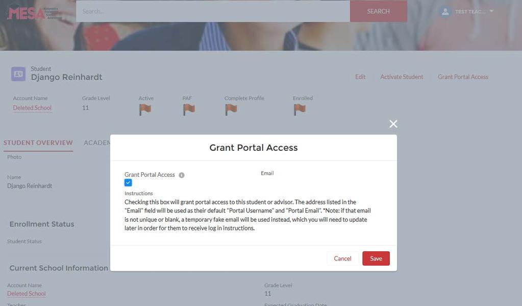 If, on the other hand, a student has not already been granted log in access all the fields in Portal Information section will be blank.