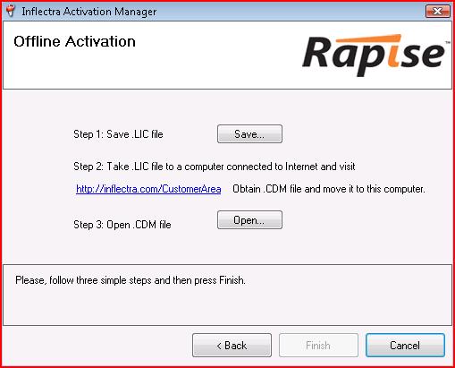 This will bring up the Offline Activation screen: Click on the [Save] button to save the Rapise.LIC file to your hard drive. Copy across the Rapise.