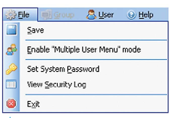 Interface File Menu Items Single User Menu Mode Save the configuration Enable Multiple User Menu mode features Set Administrator password for access to