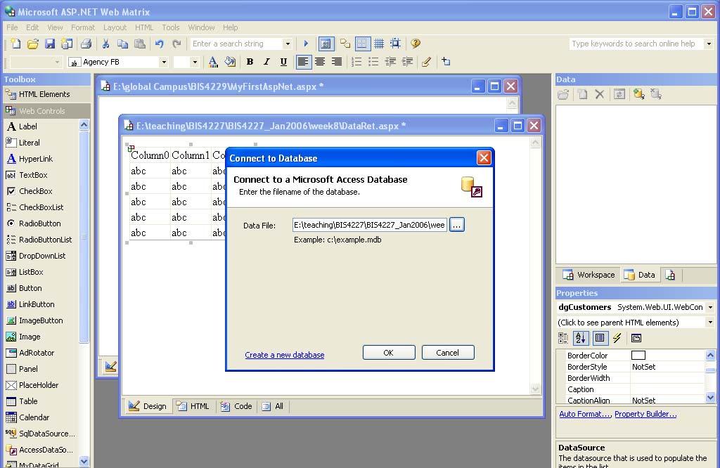 query builder will appear and prompt for database name.