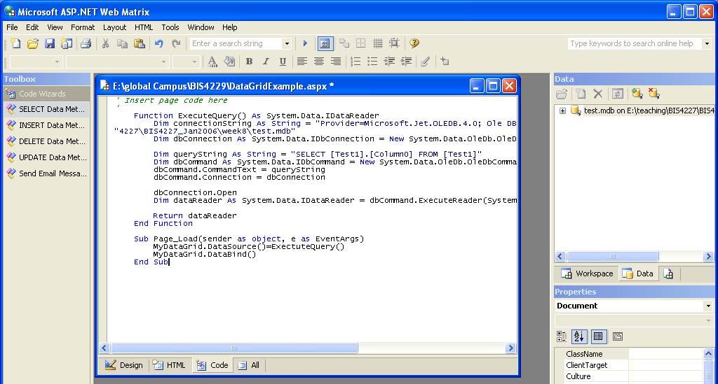 Figure 11.8 Final DataGrid example code Running the ASP.NET file To run the ASP.NET file in you browser, go to View and then select Start.