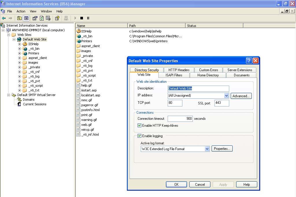 Figure: IIS Manager 6 for Web Server configuration setting Note that the IP address is set to All Unassigned for web site properties.