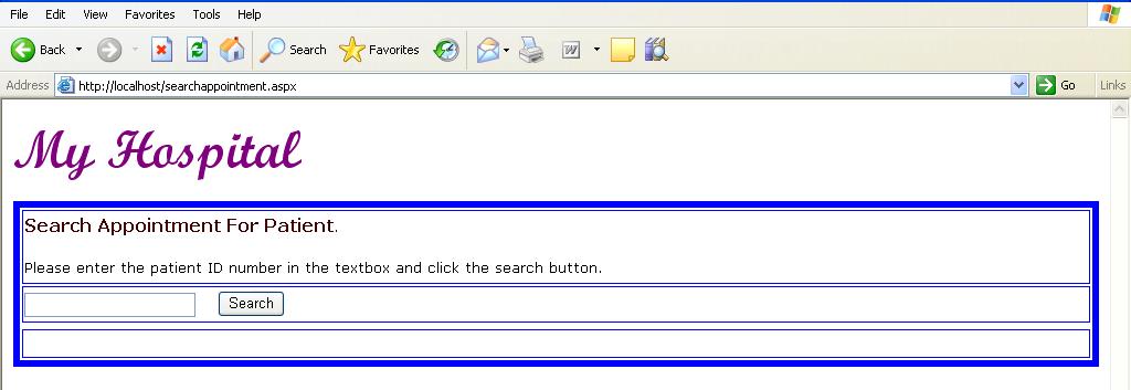 The textbox in the browser will prompt for a P_NHS number. If you enter a value for P_NHS and then press the Search button, you should see the output below.