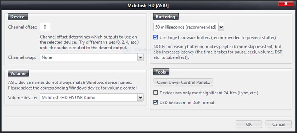 Next, open DSP and Output format under Settings, as shown below. In the top left corner please check Output Format and Volume Leveling.