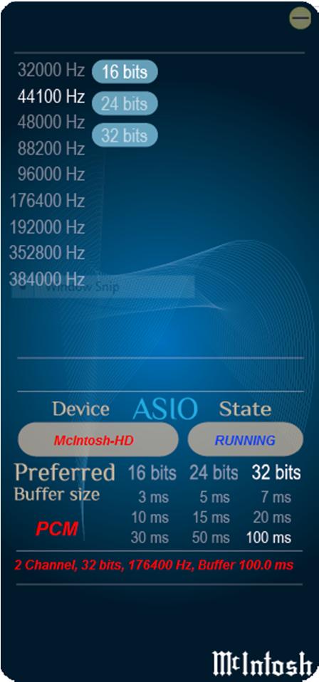 In this example the driver is set to 16/44.1 but as shown is playing a 32/176.4 audio track. This is how the ASIO mode works.