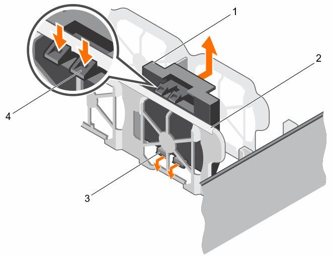Steps 1. Press the release tabs and push the cooling fan blank to disengage it from the cooling fan bracket. 2. Lift the cooling fan blank out of the cooling fan bracket. Figure 30.