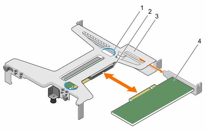 Figure 34. Removing and installing the expansion card from the expansion card riser 1. touch point (2) 2. expansion card riser connector 3. expansion card riser 4. expansion card Next steps 1.
