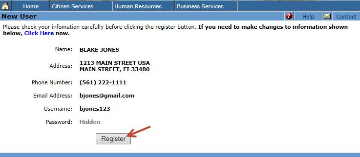 4. On the New User confirmation page, carefully review the information entered and click the Register button.