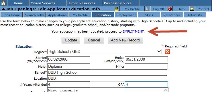 To update the Eduction tab, click on Add New Record. Follow the instruction on this page to enter your education history.