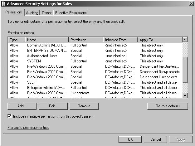 Preview Content from Windows Server 2008 Active Directory Resource Kit 8 Figure 9-4 Viewing the Advanced Security Settings for an object. Table 9-2.