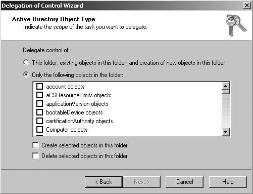 Preview Content from Windows Server 2008 Active Directory Resource Kit 21 Figure 9-14 Selecting the type of object or objects to which permissions will be delegated. 5.