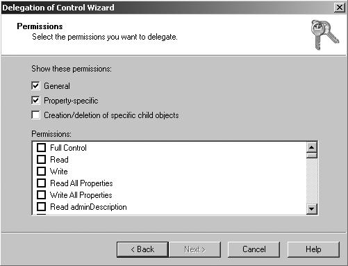 You can choose full control over the object, or you can delegate permissions to specific properties. (The interface is shown in Figure 9-15.