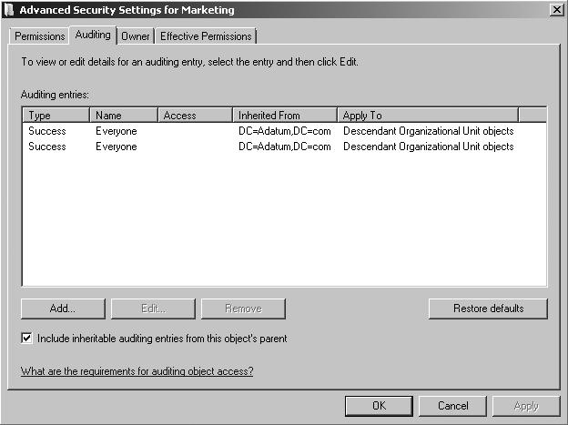 Preview Content from Windows Server 2008 Active Directory Resource Kit 25 Figure 9-17 Configuring auditing on Active Directory objects. Enabling auditing is easy.