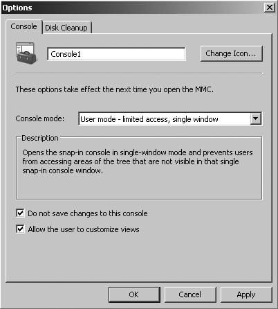 Preview Content from Windows Server 2008 Active Directory Resource Kit 27 Figure 9-18 Configuring a custom MMC to prevent changes to the MMC.
