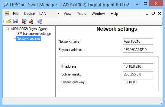 The configuration of your TRBOnet Swift Agent A002 appears in the main window of the application.