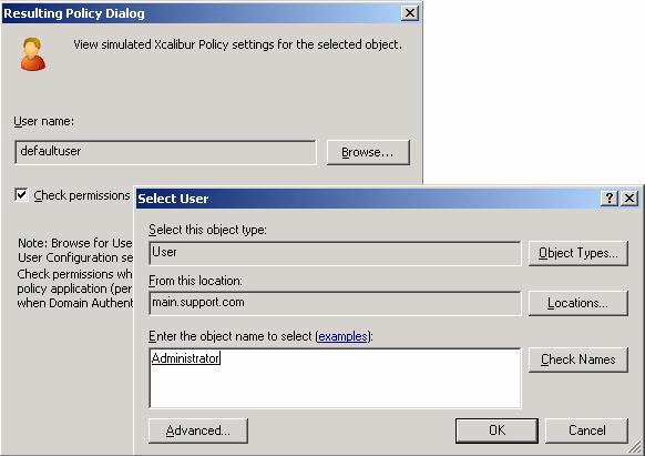 Resulting Policy Dialog When run at the device level, a Resulting Policy Dialog prompts you to specify a user name.