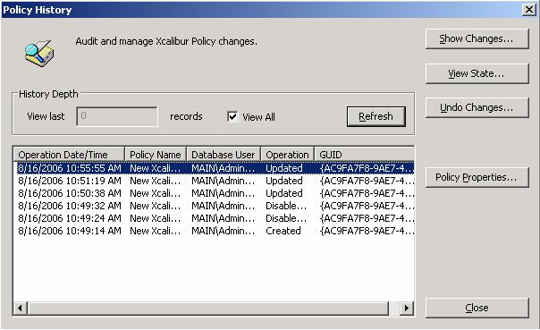 Policy History Viewer The Policy History Viewer allows monitoring, auditing and managing Xcalibur Policy Objects.