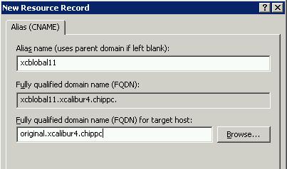 complete the following: Open the DNS Management Console Right click your Forward Lookup DNS Domain Name (in the example: xcalibur4.chippc). Select the New Alias (CNAME) option from the context menu.