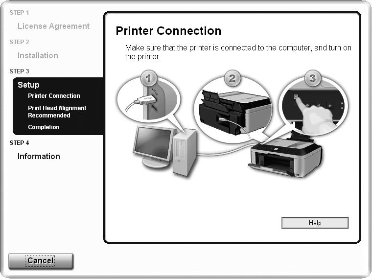 7 Windows Macintosh 9 10 11 A When the Printer Connection screen appears, connect the machine to the computer with a USB cable. Turn on the machine (A).