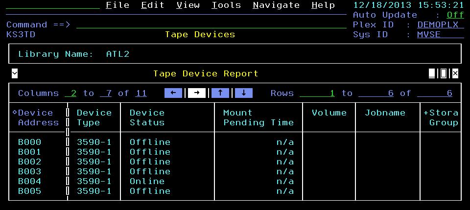 The tape devices and their status for the selected tape library are displayed. There is additional status data available to the right.