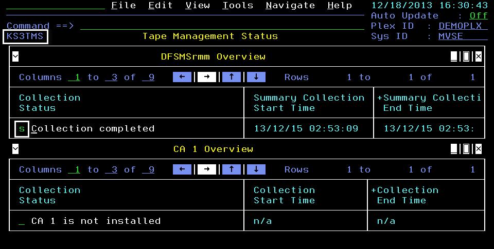Tape Management Status (KS3TMS) is displayed. Note that support for both DFSMSrmm and CA-1 is provided.