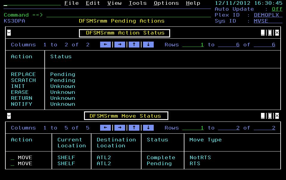 The DFSMSrmm Actions and Status is displayed. Press PF3 two times to return to the SMSPlex System Overview (KS3ZSUM). 3.