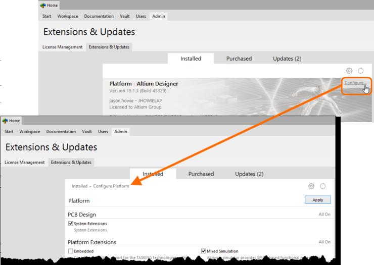 First access the Configure Platform page of the Extensions & Updates view. 2.