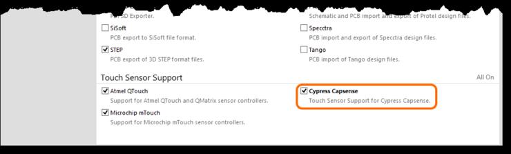 Then enable the Cypress CapSense option, under Touch Sensor Support. 3. Click the Apply button, back at the top-right of the page.
