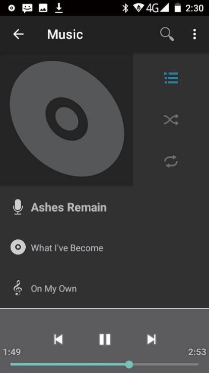 Music player Now playing Settings controls Song details Music controls Progress bar Total song time You can return to the music library screen from music player screen in the Music applications by
