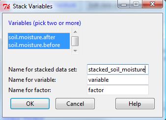 You should now see the Stack Variables window shown below. Select both the soil.moisture.after and soil.moisture.before variables and name the stacked dataset stacked_soil_moisture.