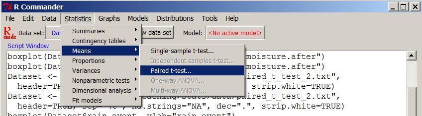 Next, go to Statistics/Means on the R Commander menu bar and select Paired t-test. Next, select soil.moisture.