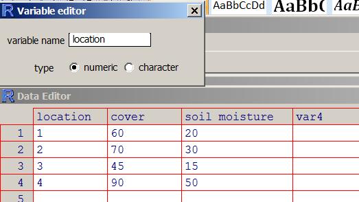 By clicking on the column header, you can change the variable name of each column (e.g. change var1 to location, var2 to cover, and var3 to soil moisture).