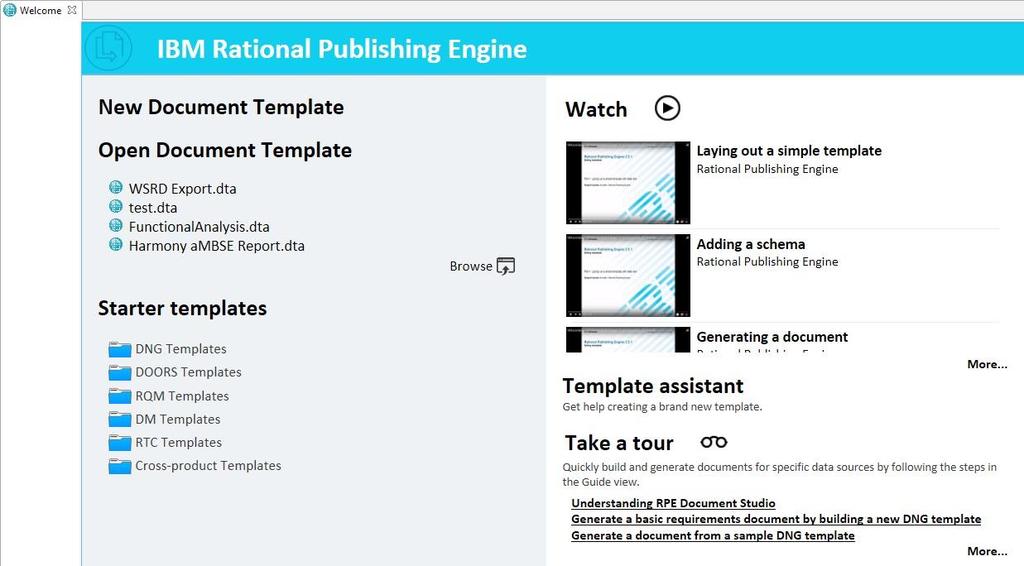 Start RPE Document Studio: a. Launch Rational Publishing Engine Document Studio 2.1.