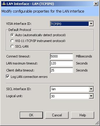 2 Connecting Instruments to LAN 2 Select a LAN interface in the explorer pane. Click the Change Properties... button in the properties pane. The LAN Interface dialog box appears, as shown below.