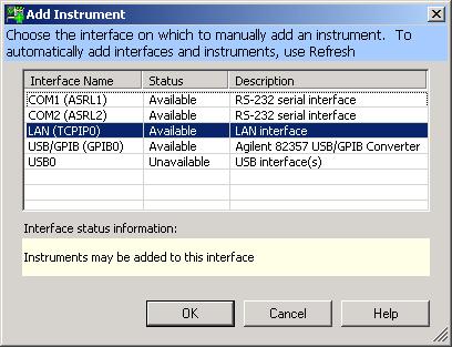 Connecting Instruments to LAN 2 the Add Instrument button on the tool bar, the Task Guide, or the I/O Configuration menu.) The Add Instrument dialog box appears, as shown.